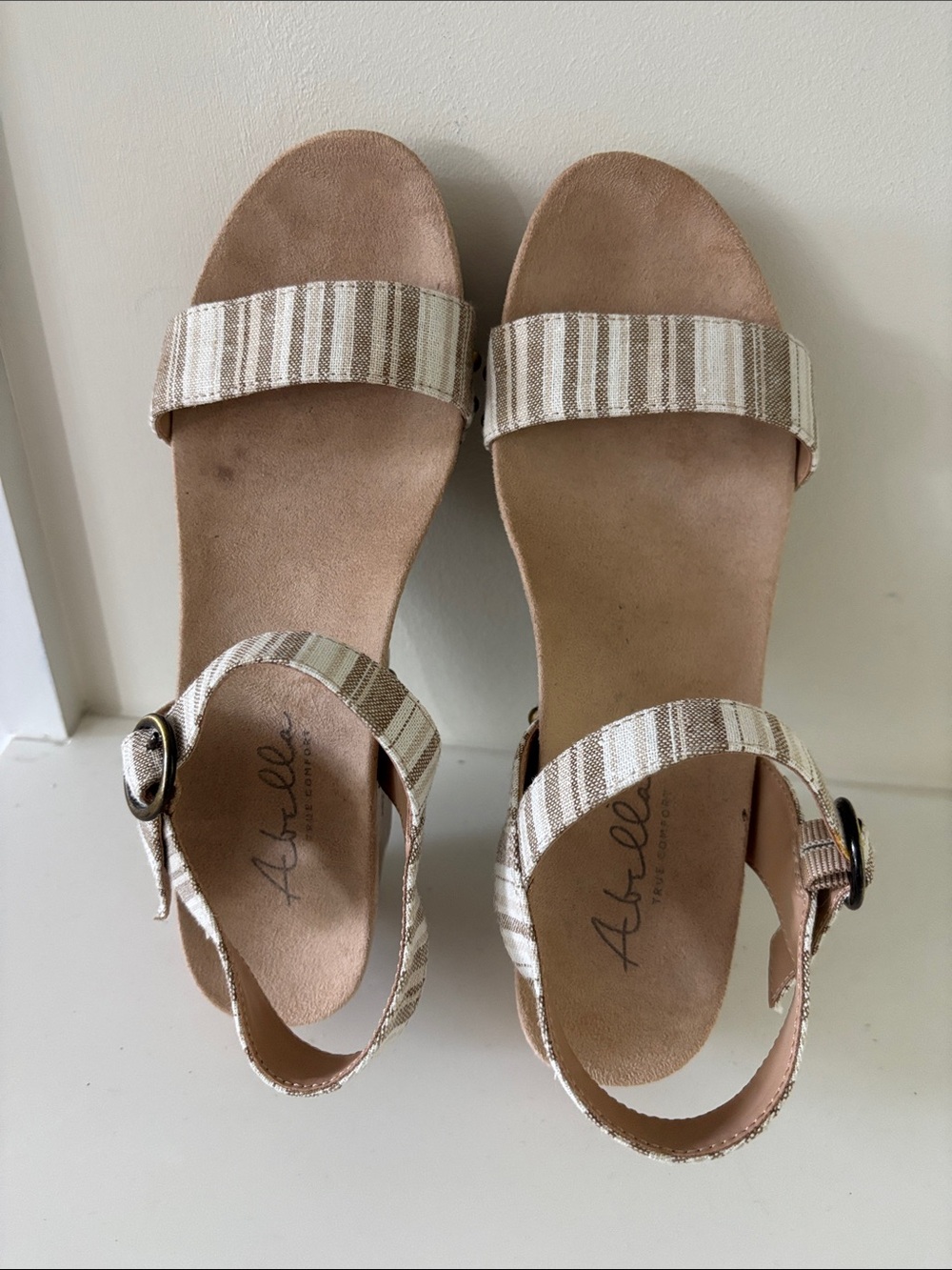 Abella Striped Beige and White Women's Buckle Sandals with cork wedge